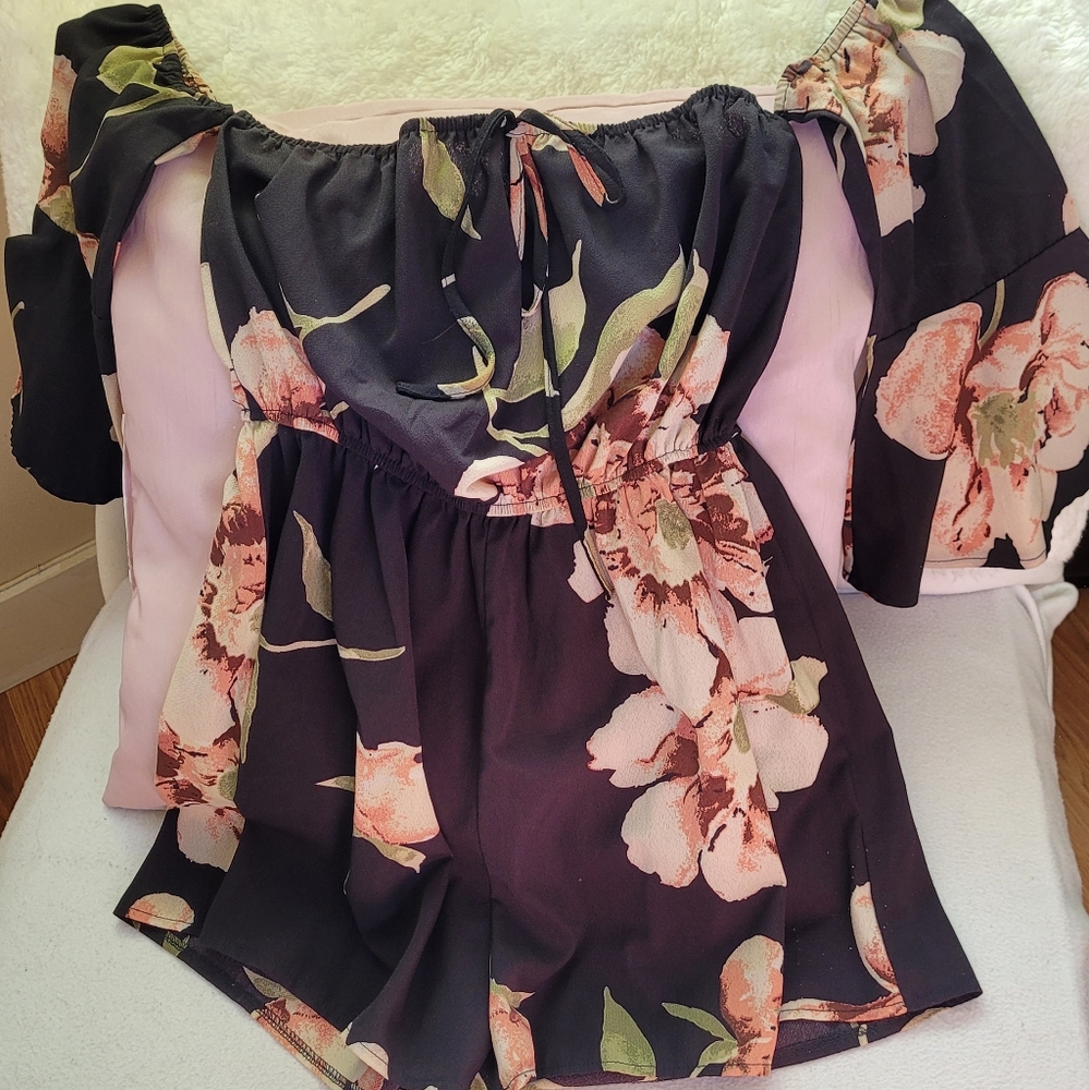 Black floral off romper